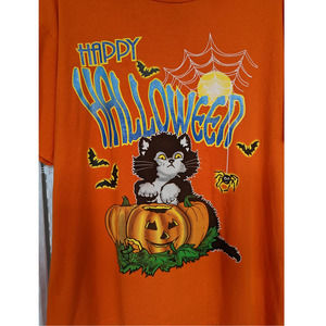 Bobbie Brooks Vintage 90s Orange Happy Halloween Black Cat T- Shirt Size XL